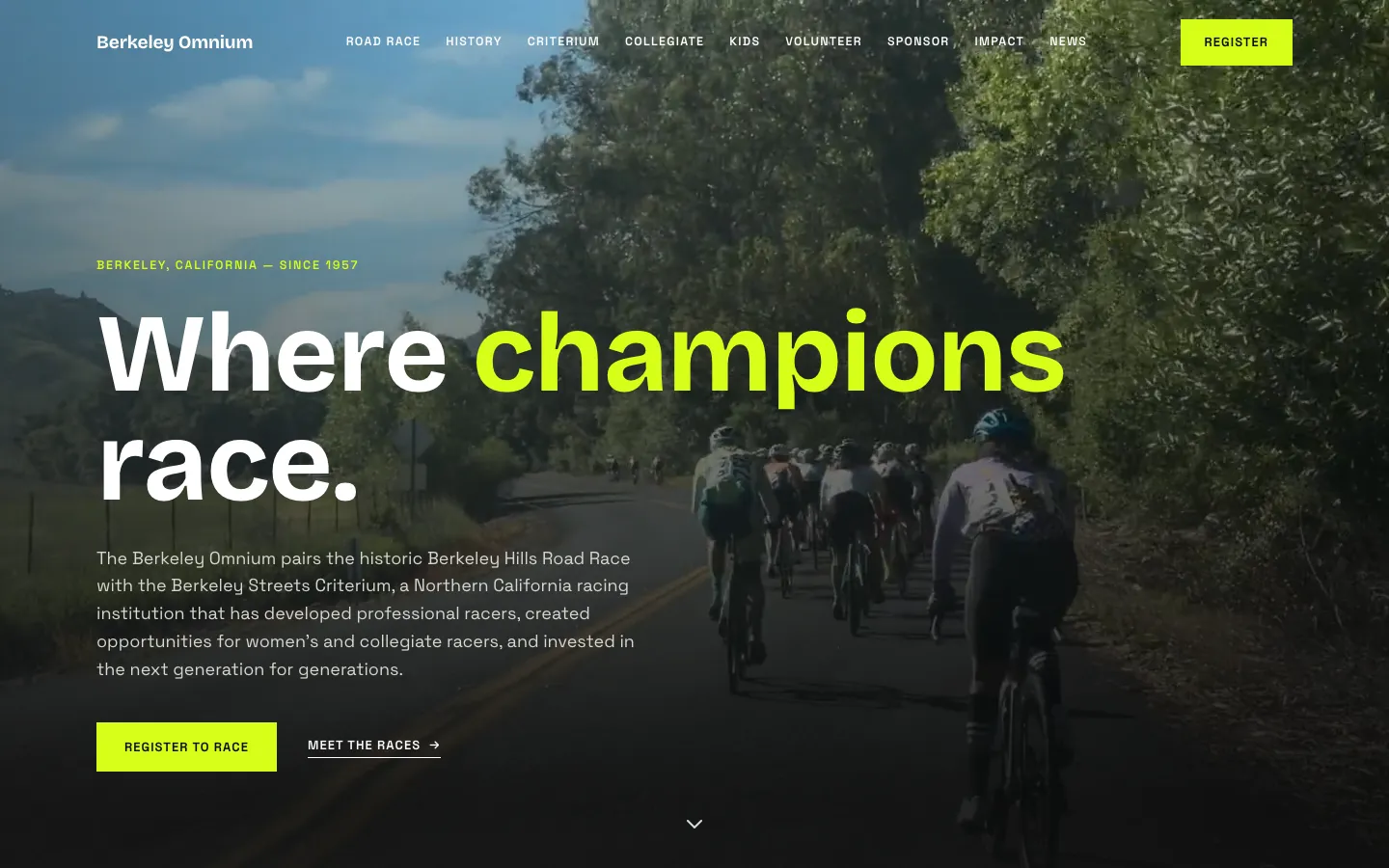 Berkeley Omnium homepage on desktop: the headline “Where champions race.” over race footage of riders climbing through the Berkeley Hills, with a Register to race button.