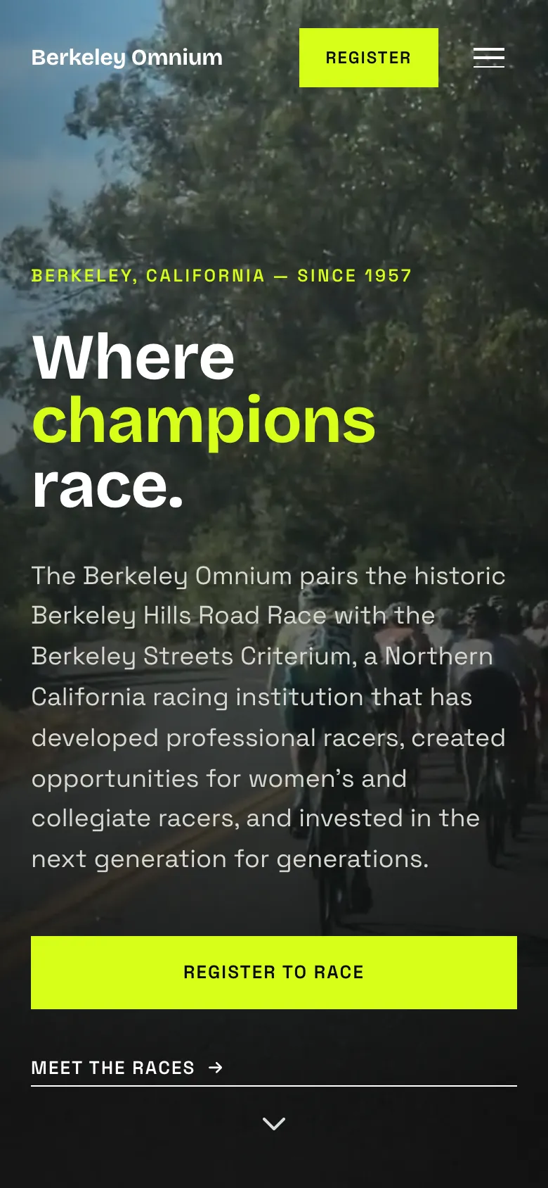 Berkeley Omnium homepage on a phone, with a Register button in the header and the “Where champions race.” headline over race footage.