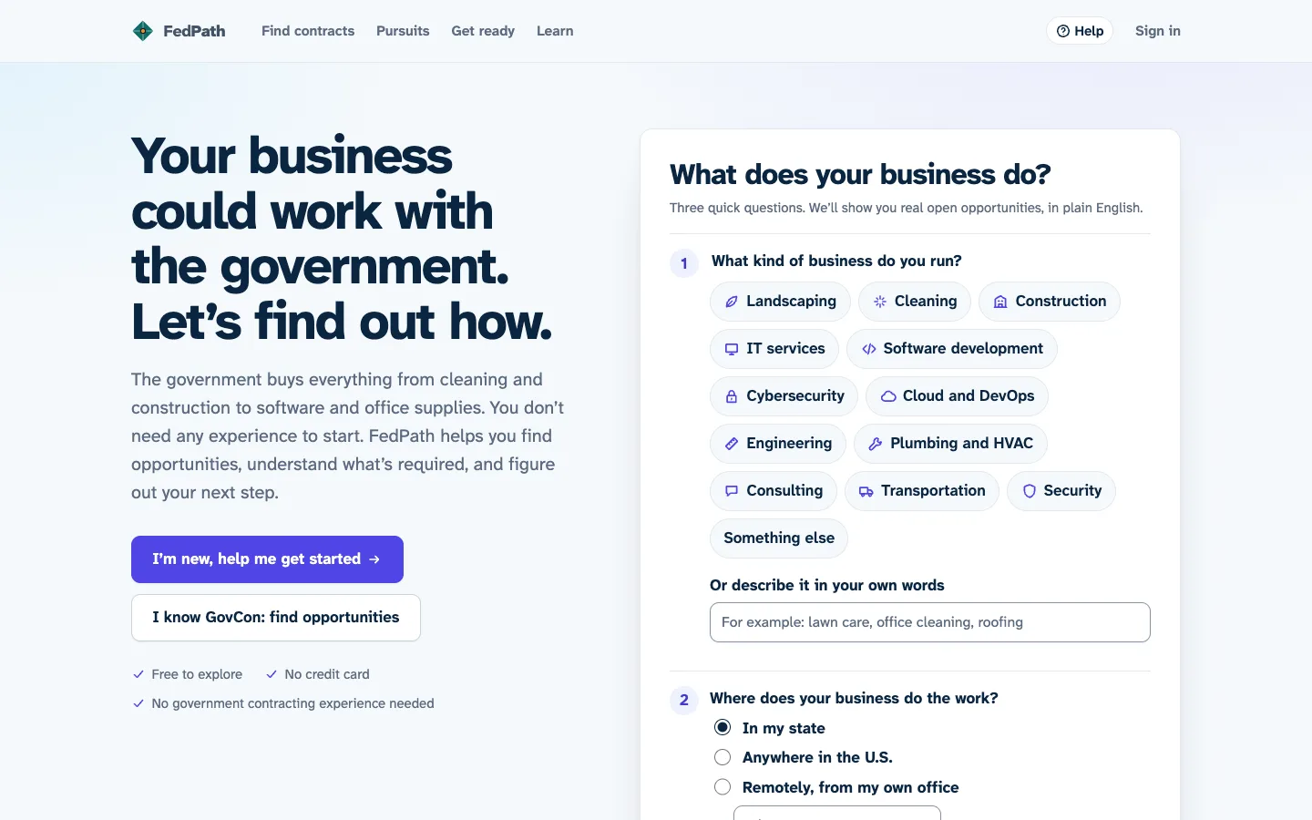 FedPath home page on desktop: the headline “Your business could work with the government. Let’s find out how.” beside a three-question form that starts with the kind of business you run.