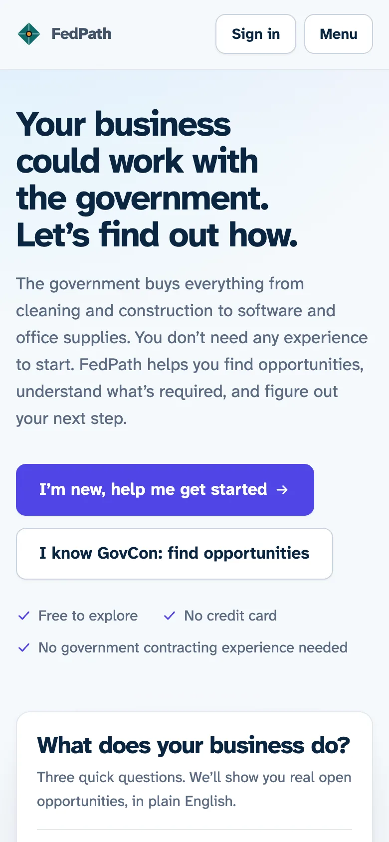 FedPath home page on a phone, with the headline and buttons to get started or find opportunities.