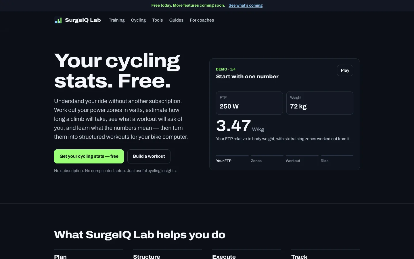 SurgeIQ home page on desktop: the headline “Your cycling stats. Free.” beside a demo that turns an FTP of 250 W and a weight of 72 kg into 3.47 W/kg.