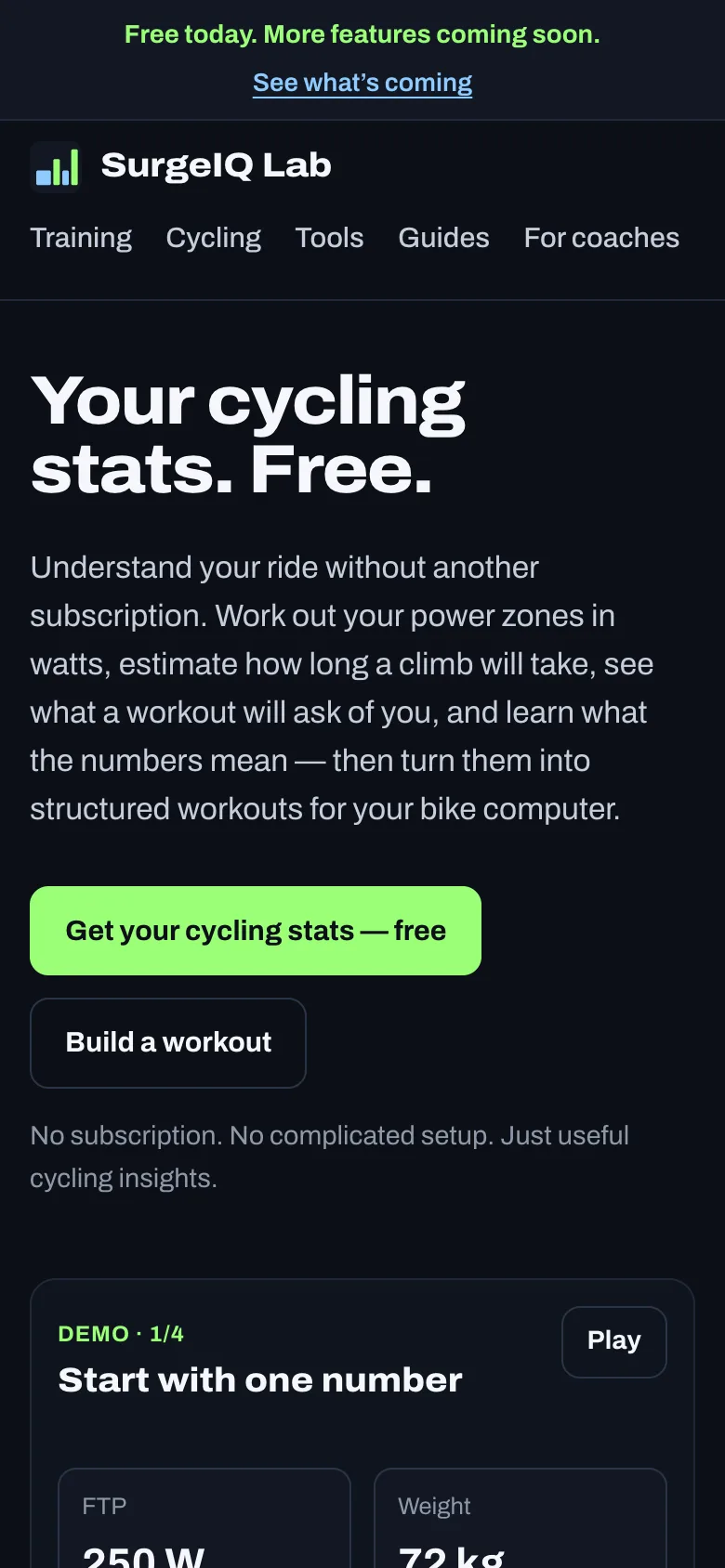 SurgeIQ home page on a phone, with the headline “Your cycling stats. Free.” and the free cycling stats button.