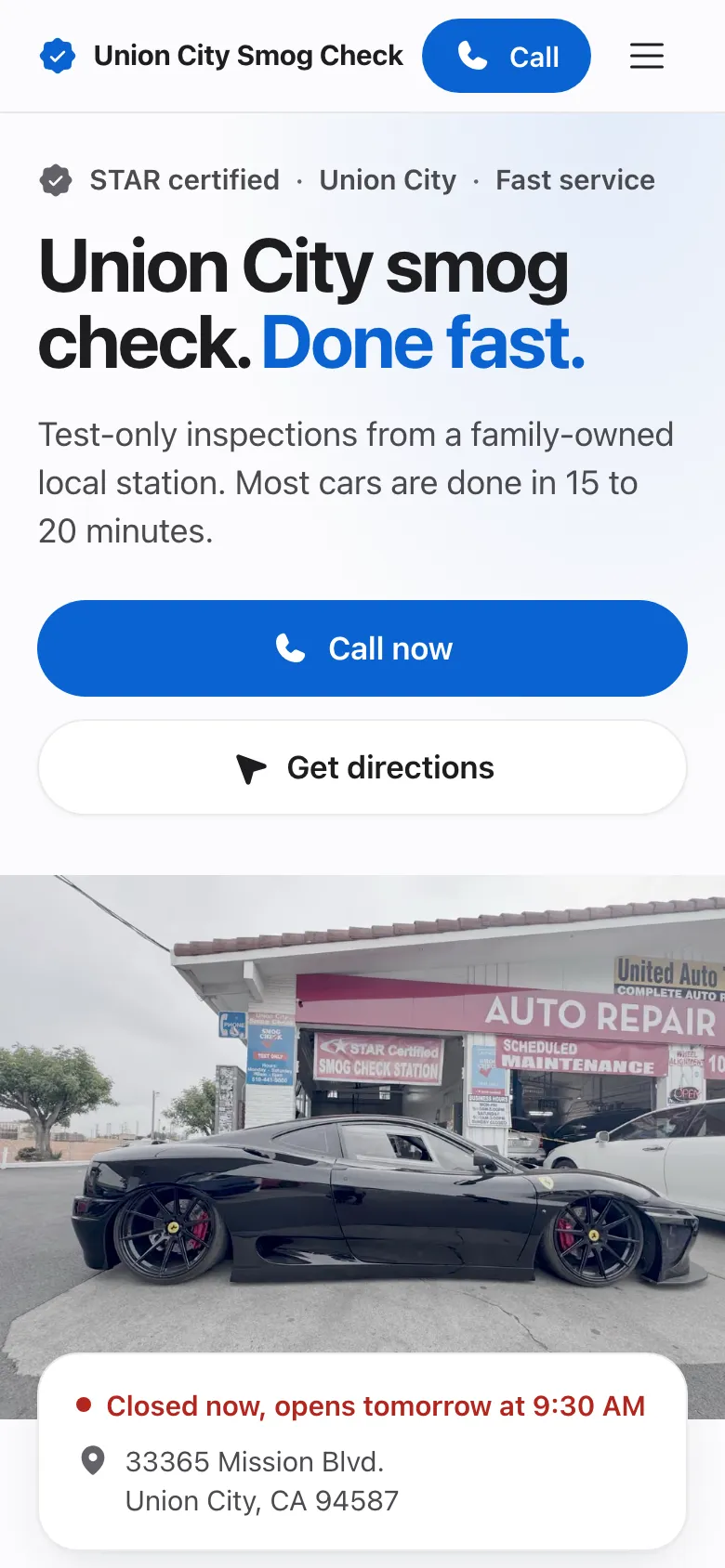 Union City Smog Check homepage on a phone, with a full-width Call now button, directions, and the station’s address and opening hours.