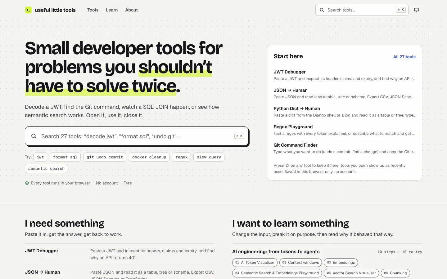 Useful Little Tools home page on desktop: the headline “Small developer tools for problems you shouldn’t have to solve twice”, a search box for 27 tools, and a Start here list with JWT Debugger, JSON to Human, and Regex Playground.