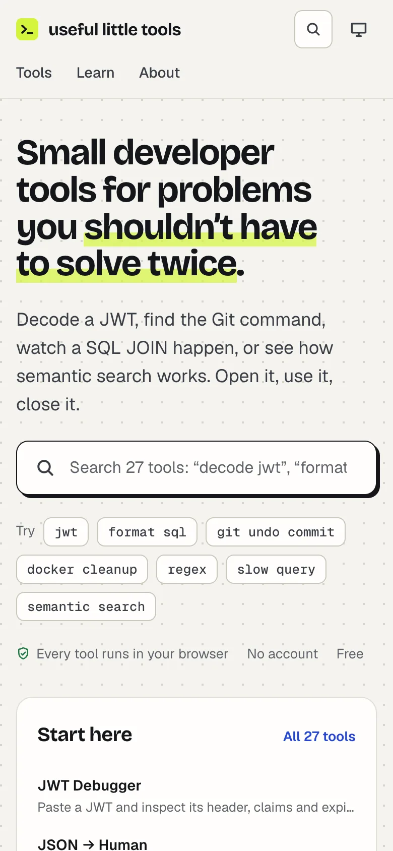 Useful Little Tools home page on a phone, with the headline and the tool search box.